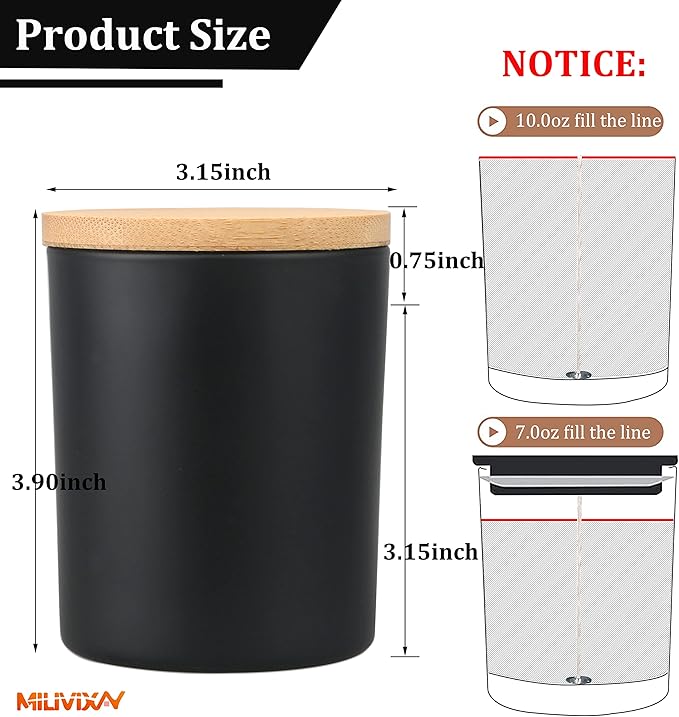 MILIVIXAY 12 Pack 10 OZ Matte Black Thick Glass Candle Jars with Lids - Bulk Empty Candle Jar for Making Candles - Spice, Powder Containers.
