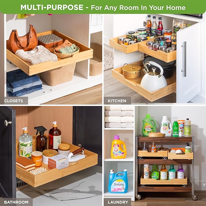 HOLDN’ STORAGE Bamboo Wooden Pull out Cabinet Organizer 26"W x 21"D Requires At Least a 27.25"W x 21"D Cabinet Opening W/Lifetime Limited Warranty, Bamboo Tray and Heavy Gauge Metal Rails