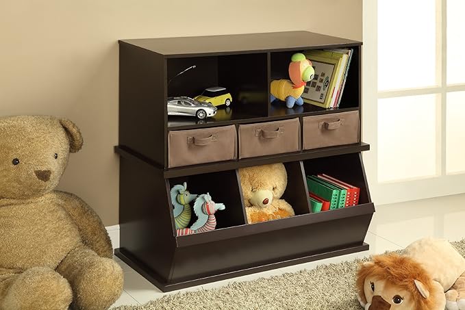 Badger Basket Stackable 3-Bin Storage Cubby - Modular Toy and Craft Organizer with Wide Mouth Bins, Expandable Design, Solid Panel Construction - Compatible with Other Units - Espresso