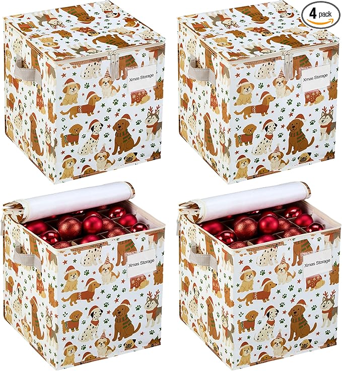 VENO 4 Pack Christmas Ornament Storage Box, Stores up to 64 Holiday Ornaments, Adjustable Dividers, Zippered Top, Storage bins with lids for holiday decorations-3 Inch Cube Compartments (Holiday Pups)