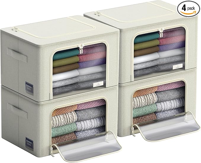 Sorbus Storage Bins with Metal Frame - Stackable & Foldable Clothes Organizer Bags - Oxford Fabric Storage Containers with Large Clear Window & Carry Handles Organization for Bedding Linen & Clothing