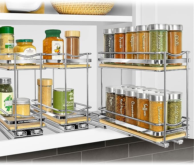 LYNK PROFESSIONAL® Élite™ Pull Out Spice Rack Organizer for Inside Kitchen Cabinets - 4-3/8 inch Wide - Slide Out Drawer – Wood/Chrome Sliding Spice Organization for cabinet - Spice Racks - 2 Tier