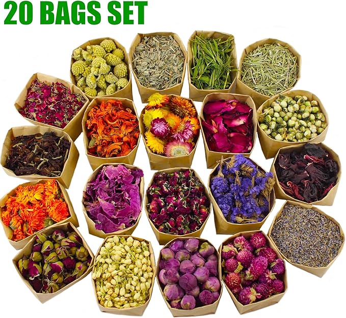 20 Pack*0.28oz Organic Dried Flowers|Linen Bag&Bamboo Clamp,Gluten-Free,Candle Soap Making,Lavender,Pink Rose,Jasmine and More