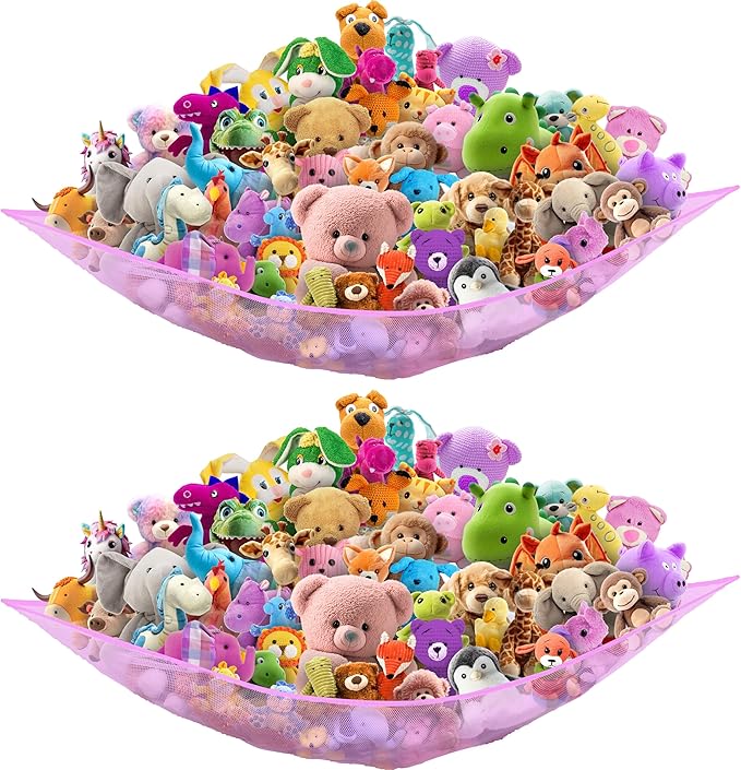 Simple Houseware 2 Pack Stuffed Animal Toy Hammock Net, Corner Wall Storage for Kids Room, Pink