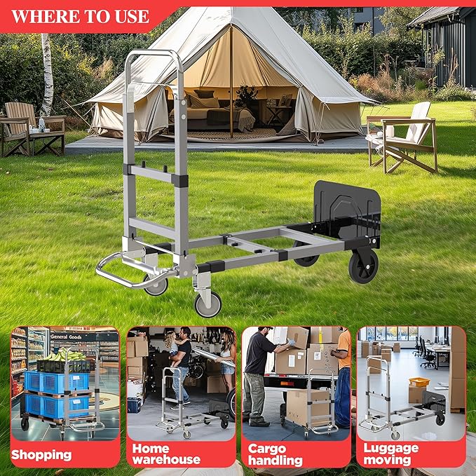 3 in 1 Convertible Hand Truck Dolly Cart with Wheels Collapsible/Folding handtruck Dolly / 2 Straps/Adjustable Height/for Luggages/Cartons/Warehouse/Supermarket/Office / 500 Lbs Load