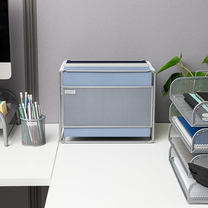 Mind Reader Hanging File Folder Organizer, Desktop Organizer, Storage, Office, Metal Mesh, 13"L x 9.75"W x 10.25"H, Silver