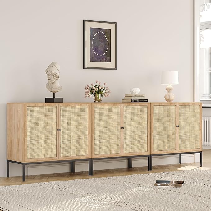 Yechen Set of 3 94.5" Sideboard Cabinet with Natural Rattan Decorated Square Doors, Rattan Cabinet, Accent Buffet Console Storage Credenza, for Living Room Entryway Kitchen, Natural, Metal Legs