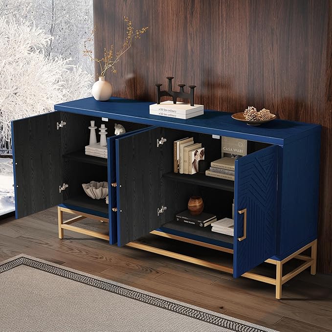Amposei Accent Sideboard Cabinet 59.8-Inch Retro Credenza Console Storage Cabinet Dining Buffet Table with 4 Doors & Adjustable Shelves for Living Room Entrance, Navy
