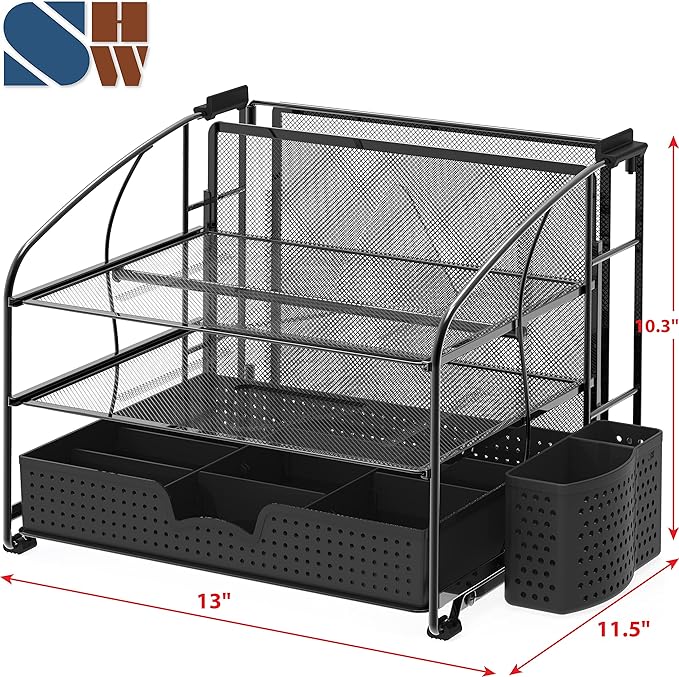 Simple Houseware 3-Tier Desk Organizer with Sliding Drawer, Hanging File Holder and Pen Holder Accessory, Black