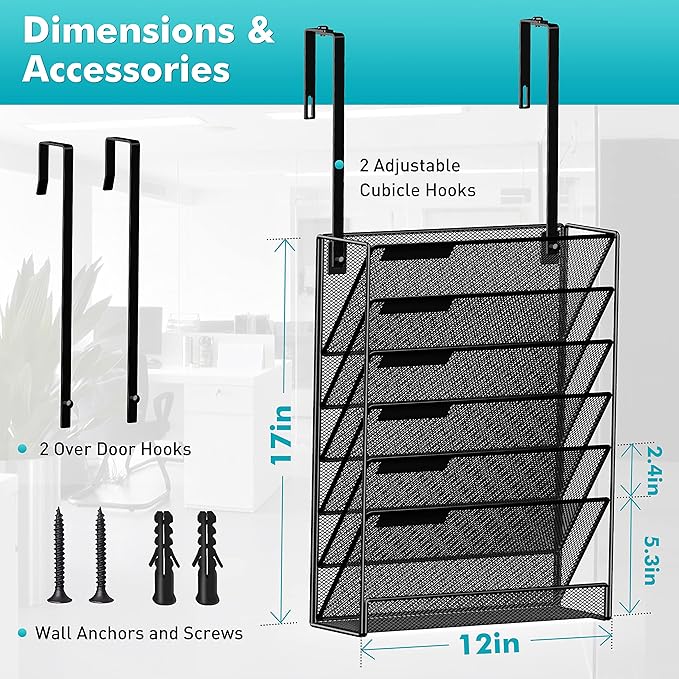 MINDEPOT 7-Tier Wall Hanging File Organizer Cubicle Hanging Organizer Mount File Holder, Mesh Magazine Document Mail Organizer Wall Organizer for Office School Home, Black
