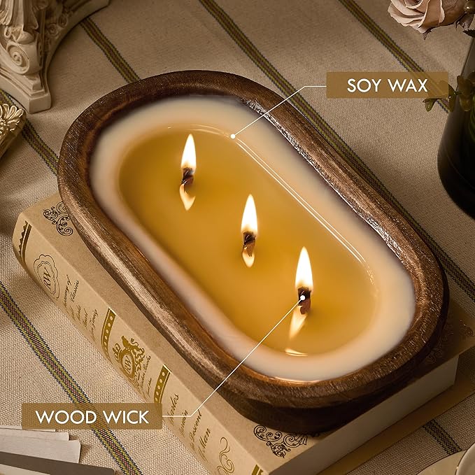 Woodronic Dough Bowl Candle, 3 Wick Candles Rustic House Decor, 20 Ounce Natural Soy Wax Candle in Wooden Bowls, Odor Eliminator & Non Toxic, Botanical Scented Gifts for Men & Women, Lavender, Brown