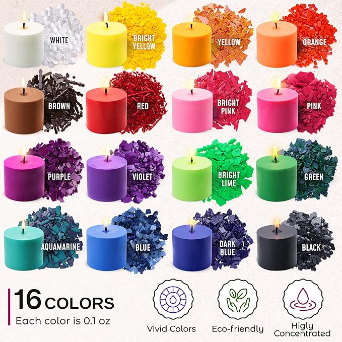 Candle Wax Dye for Soy Wax Candle Making - 16 Vivid Candle Dye Coloring Chips – Candle Color Dye - Premium Candle Wax Coloring for Candle Making - Highly Concentrated Candle Chips Colors