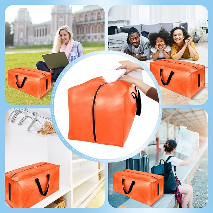 HOMESURE 12 Pack Large Strong Moving Bags with Zippers & Carrying Handles - Water-Resistant - Heavy Duty Storage Tote for Space Saving, Fold Flat, Alternative to Moving Box (Orange)
