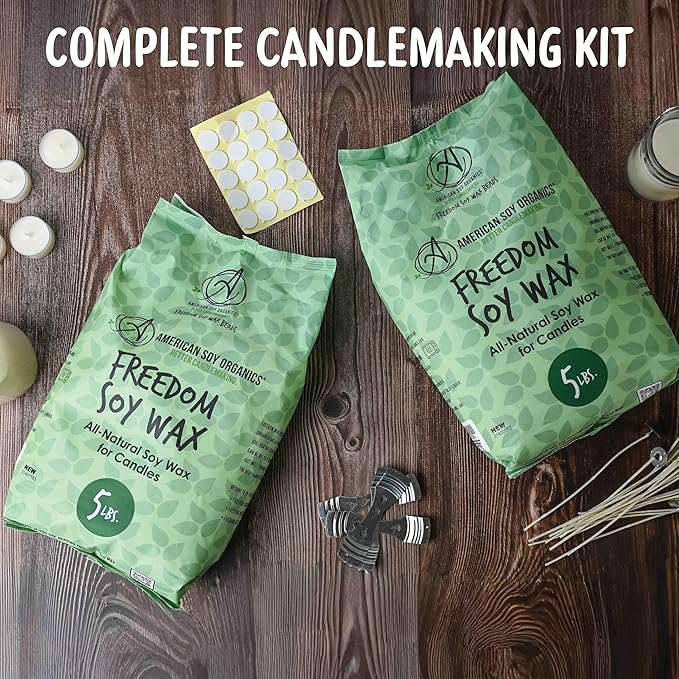 American Soy Organics Microwavable Soy Wax Beads for Candle Making – Premium Soy Candle Kit-10 pounds Freedom Soy Beads-4 Centering Devices- 20 Wick stickers-20 6-inch pre-Waxed Wicks