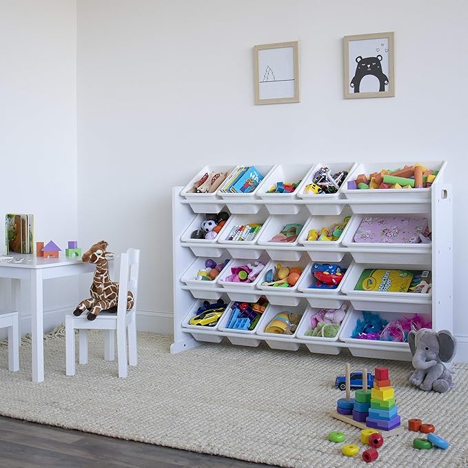 Humble Crew Extra-Large Toy Organizer with 20 Plastic Bins – White/White Storage Rack with 4-Tier Shelves, Anti-Tip Safety, for Kids’ Rooms, Playrooms, Nurseries & Classrooms
