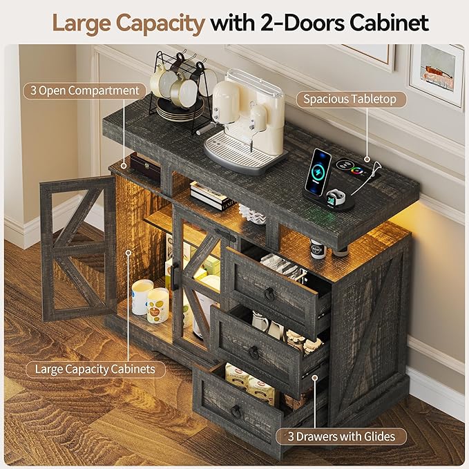Lvifur LED Farmhouse Sideboard Buffet Cabinet with Storage, Wood Coffee Bar Station Table w/Charging Station, Large Kitchen Storage Cabinet w/Adjustable Shelf and 3 Drawers (Dark Rustic Oak)