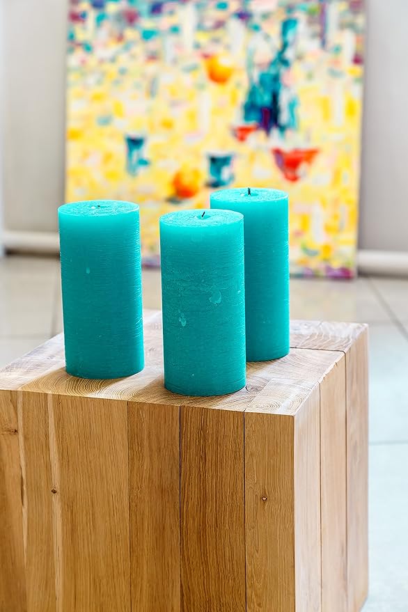 Set of 3 Pillar Candles 3" x 6" Unscented Handpoured Weddings, Home Decoration, Restaurants, Spa, Church Smokeless Cotton Wick - Turquoise