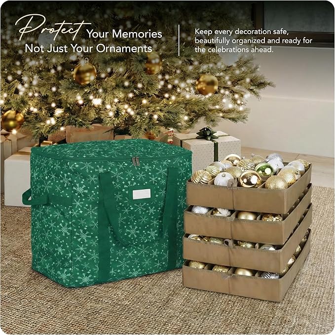 Covermates Keepsakes Adjustable Ornament Storage Bag – Heavy-Duty Polyester, Padded Dividers & FlexGrid Trays – Protective Holiday Ornament Organizer with Handles & Label Window, Green Snowflake