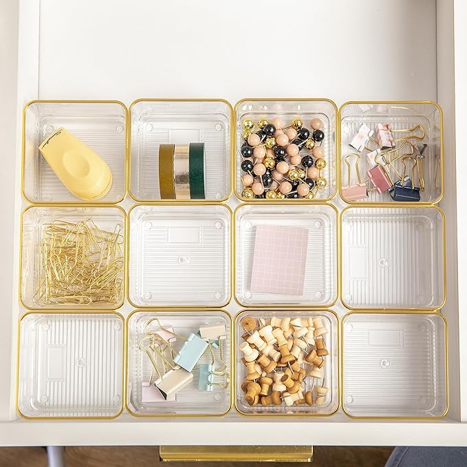 Martha Stewart Kerry Plastic Stackable Office Desk Drawer Organizers, 3" x 3", 12 Pack, with Gold Trim