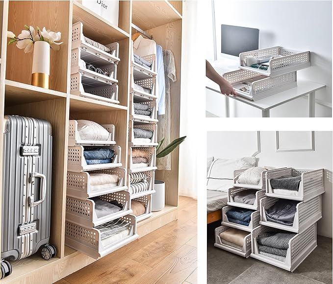 3 Pack Stackable Closet Organizer, Folding Closet Container, Plastic Storage Basket White Pull Out Shelves
