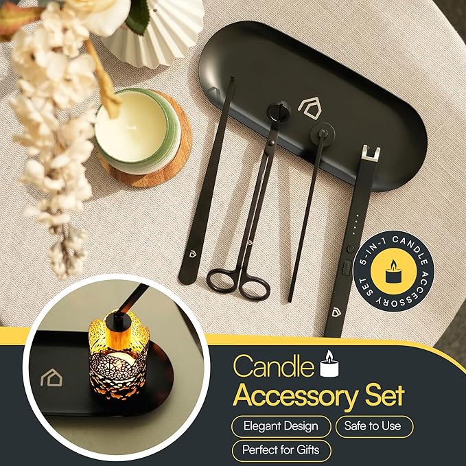 Candle Accessory Set 5 in 1 Candle Care Kit with Candle Wick Trimmer, Wick Dipper, Candle Snuffer, Rechargeable Candle Lighter & Metal Tray - Luxury Gift Box for Candle Lovers (Matte Black)