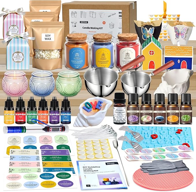 113Pcs Candle Making Kit for Adults, Complete Soy Wax Candle Making Supplies, 6 Glass Jars & 1 Special Stylish Jar, 6 Fragrance Oils, Molds, Wicks, 2 Pots–Beginner Friendly DIY Craft Kit for Women Men