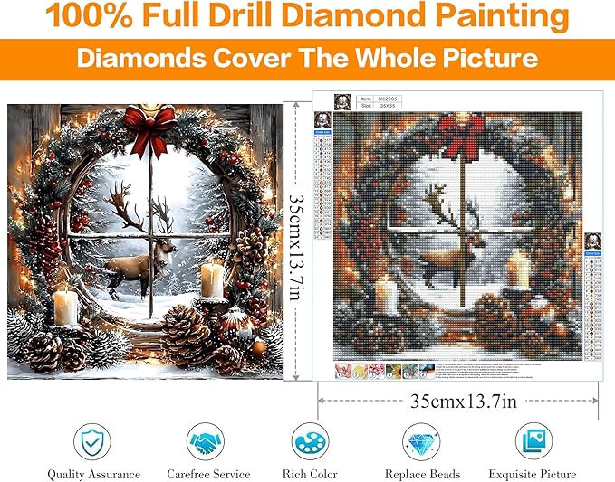 Diamond Art Kits for Adults, Christmas Elk Diamond Painting Kits for Beginners, 5D Full Drill Gem Art Paint with Diamonds Dots Crafts Kits for Home Decor Gift 14x14inch
