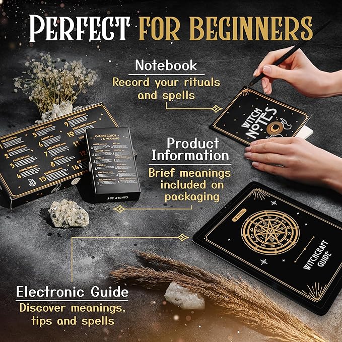 Wyspell Witchcraft Supplies Kit for Witch Altar 54PCS - Spell Candles for Witches - Crystals Spell Jars for Witches - Herbs for Spells - Beginner Witch Starter Box - Witchcraft Kit