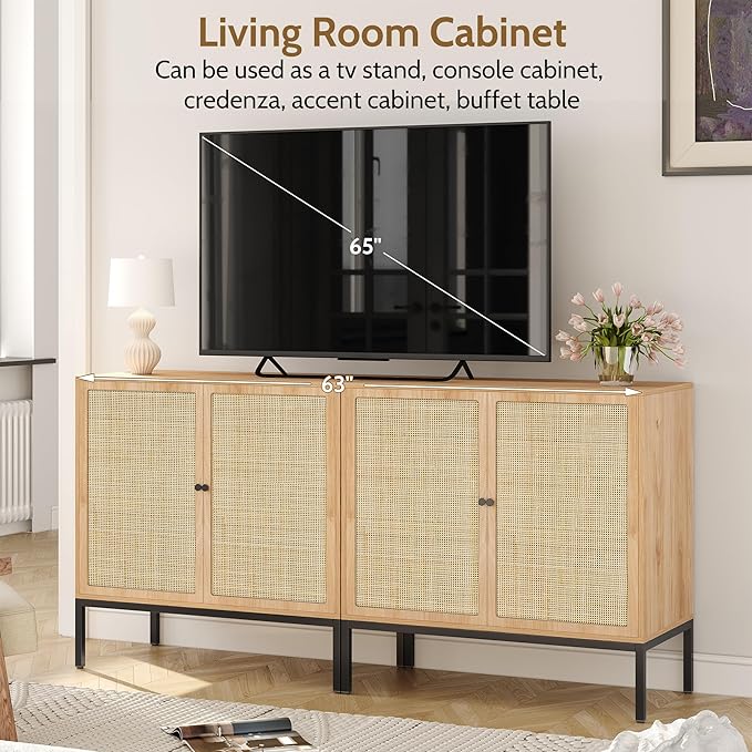 Yechen Set of 3 94.5" Sideboard Cabinet with Natural Rattan Decorated Square Doors, Rattan Cabinet, Accent Buffet Console Storage Credenza, for Living Room Entryway Kitchen, Natural, Metal Legs