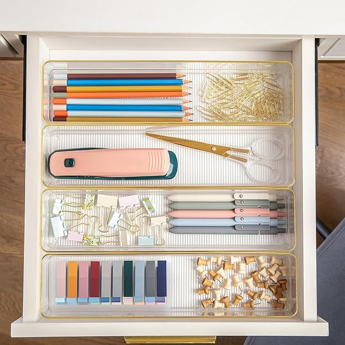 Martha Stewart Kerry Plastic Stackable Office Desk Drawer Organizers, 9" x 3", 8 Pack, with Gold Trim
