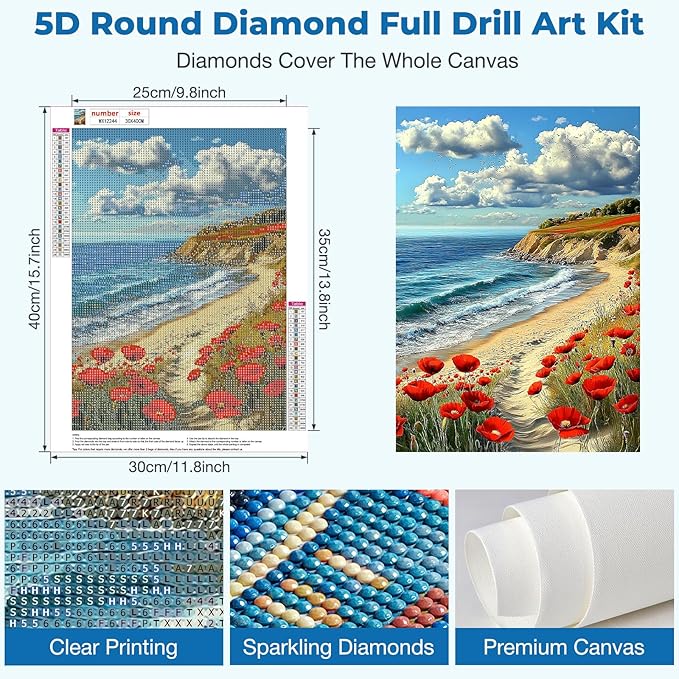 Genius maker Beach Diamond Painting Kits for Adults, Landscapes 5D Diamond Art Kits for Beginners DIY Full Drill Diamonds Painting Pictures, Diamond Gem Art Painting Crafts Home Wall Decor 12x16inch