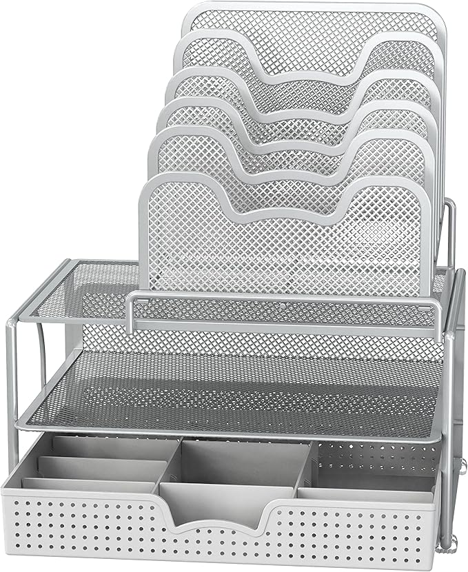 Simple Houseware Mesh Desk Organizer with Sliding Drawer, Double Tray and 5 Stacking Sorter Sections, Silver