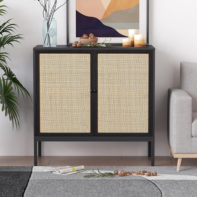 XIAO WEI Sideboard Buffet Cabinet with 2 Natural Rattan Decorated Doors, 31.5" W Accent Rattan Cabinet, Boho Credenza Storage Cabinet, for Living Room Dining Room Hallway, Metal Legs, Black(2 PCS)