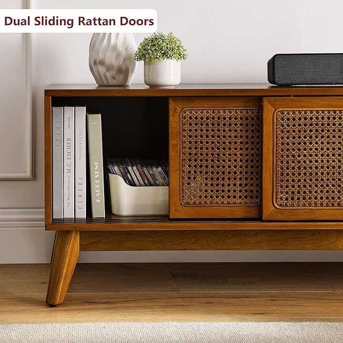 Amposei Mid Century Modern Wooden TV Stand Entertainment Center for 55/60/65 inch TVs, Sliding Rattan Door Console Storage Cabinet with Wood Legs for Living Room, Brown Ebony
