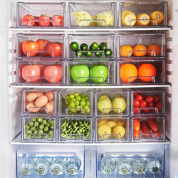 6 Pack Stackable Storage Drawers, Plastic Clear Organizer Bins with Handles for Undersink, Kitchen Cabinet, Fridge, Closet, Pantry, Office, Bathroom