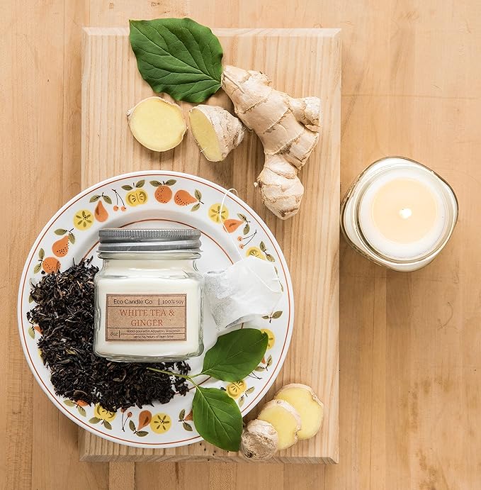 ECO CANDLE CO. Mason Jar Candle, White Tea & Ginger, 8 oz. - Scents of White Tea, Spices, Citrus, Jasmine, & Ginger - 100% Soy Wax, No Lead, Kraft Label & Antiqued Pewter Lid, Hand Made