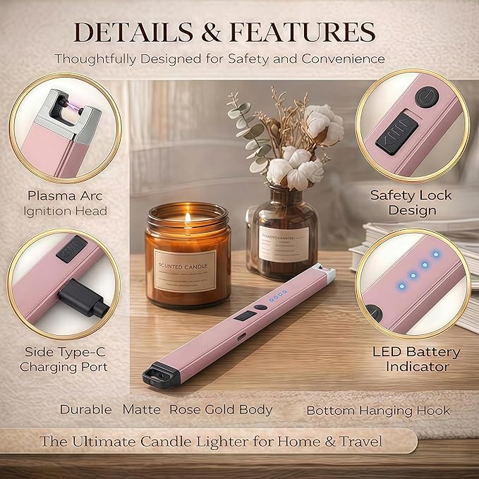 Castelar Candle Lighter, Electric Lighter Windproof Flameless with Safety Switch, USB Rechargeable Lighters for Candle, Grill, BBQ, Camping, Birthday & Stocking Stuffers (Rose Gold)