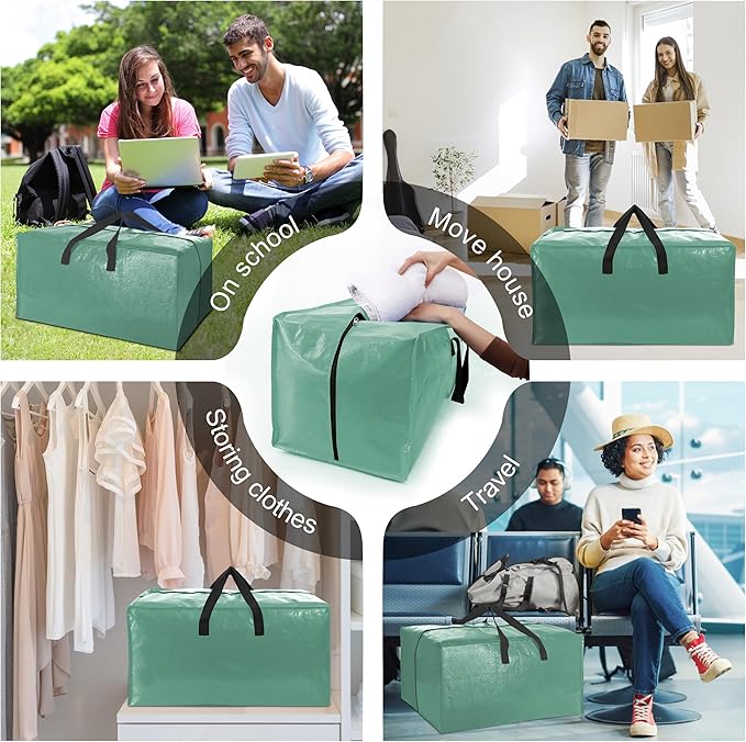 VELVETSURE 6 Pack Heavy Duty Large Moving Bags W/Backpack Straps - Strong Handles & Zippers, Storage Totes For Space Saving, Fold Flat, Alternative to Moving Box and Storage Bin, Teal