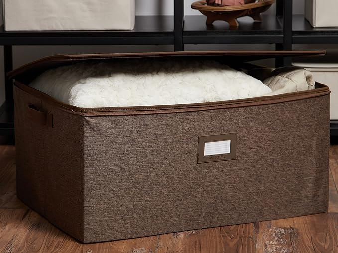 Covermates Keepsakes Zip-Top Storage Box Set, 3 Pack Heavy Duty Polyester Organizer Bins, Stackable Design, ID Window, Reinforced Handles, Closet Home Storage, Brown Heather