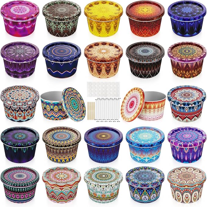 Happyhube Empty Candle Tins for Making Candles, 24 Pack 2.5 oz Metal Containers, Travel-Friendly Rust-Proof Tins with Lids, 24 Patterns Jars(Colourful)