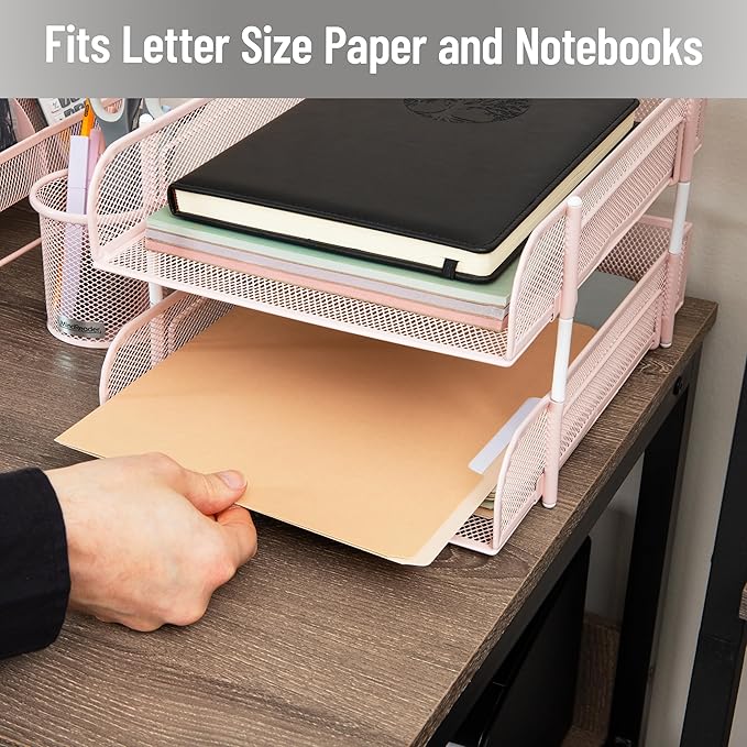 Mind Reader Stackable Paper Tray, Desktop Organizer, File Storage, Office, Metal Mesh, 2 Pcs, Pink
