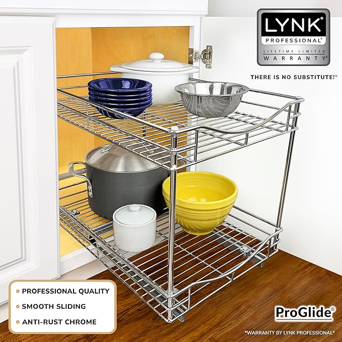 LYNK PROFESSIONAL® Pull Out Cabinet Organizer - 14" x 18" - Slide Out Cabinet Organizer for Kitchens - Sliding Shelves - Pull Out Drawer, Pots and Pans Storage - Lifetime Ltd Warranty - 2 Tier