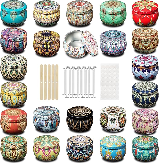 MeiGlow Empty Candle Tins for Making Candles, 24 Pack 5.4 oz with Lids, Cotton Wicks, Wick Stickers and Holders