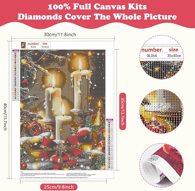 SENQAO Candles Diamond Art Kits for Adult, Christmas Candles Diamond Painting Kits for Beginners, DIY Full Drill Winter Holdiay Rhinestone Diamond Dots Gem Painting Art Craft Home Decor 12 x16 Inch