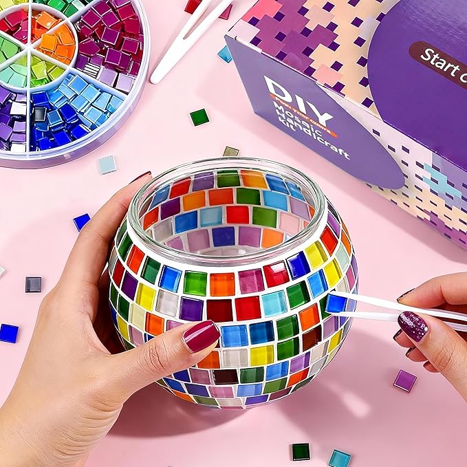 Joyclub DIY Mosaic Candle Holder Kit Mosaic Kits for Adults Stained Glass Tealight Candle Holder for Home Lighting Decor Girls Birthday Craft Gifts