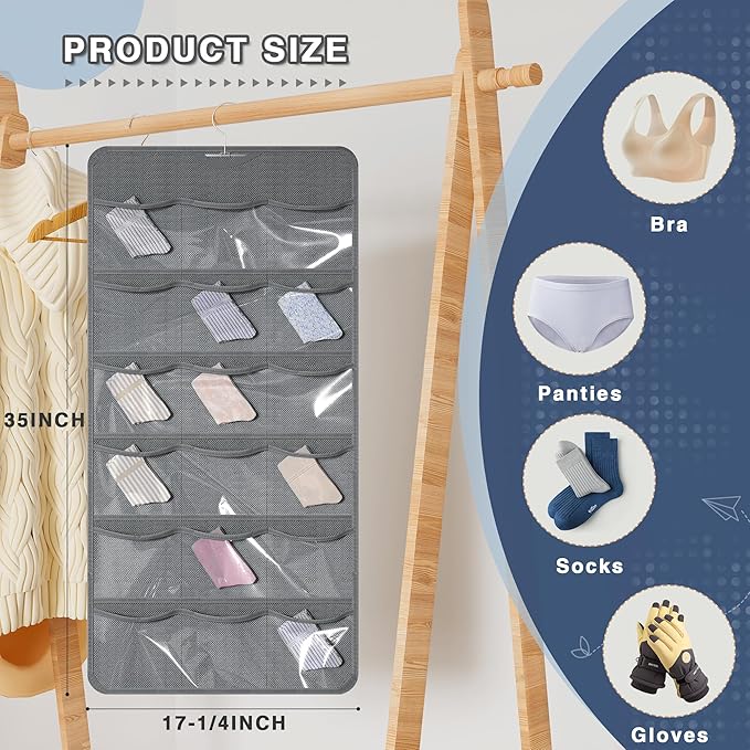 Hanging Closet Underwear Organizer, 28-Pockets Dual-Sided Storage for Socks, Bras, and Leggings Lingerie and Kids’ Clothing, Dark Gray