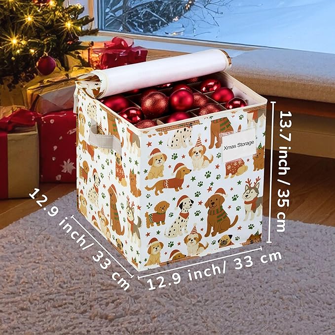 VENO 4 Pack Christmas Ornament Storage Box, Stores up to 64 Holiday Ornaments, Adjustable Dividers, Zippered Top, Storage bins with lids for holiday decorations-3 Inch Cube Compartments (Holiday Pups)