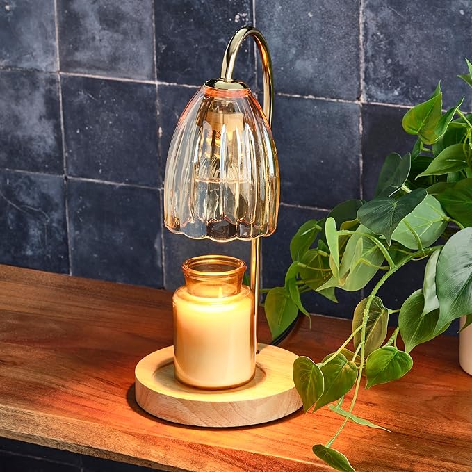 Mikasa 13.2 Inch Amber Glass Shade Electric Candle Warmer - Elegant Lamp Style Warmer with Wood Base, 50W Halogen Bulb, Safe Flameless Fragrance for Home Decor