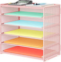 6 Tier Paper Organizer, Metal Mesh Desk File Folder, Letter Tray Organizer, Paper Sorter Desk Organizers for Office, Home or School File Folder Holder - Pink