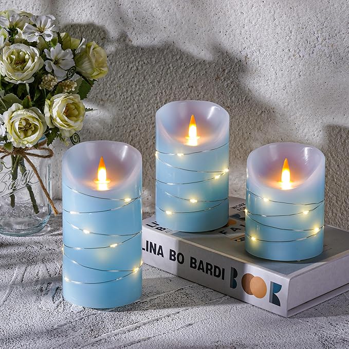 HaitanghuaRechargeable flickering candle, with string lights, remote control, 2/4/6/8-hour timer function, USB rechargeable candle, real wax LED candle, (4/5/6 inch) sky blue, three-piece set.